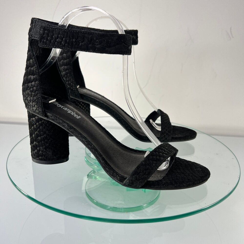 Jeffrey Campbell Laura Heel Sandals Black Suede Leather Snake Embossed